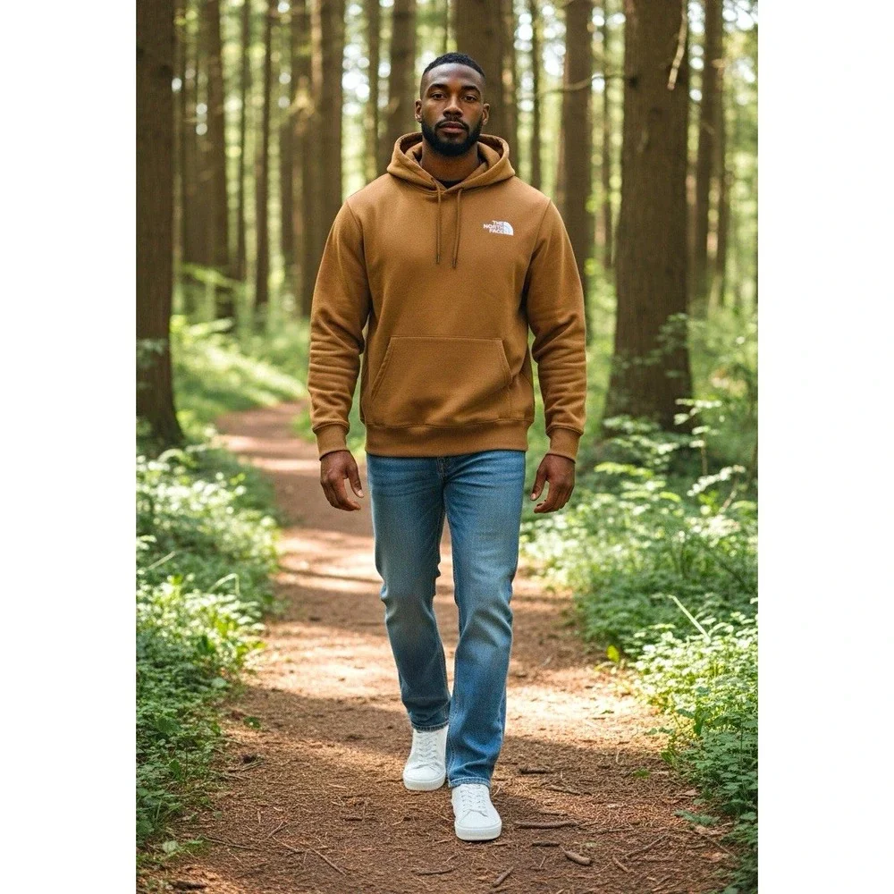 The North Face Men's L Brown Circular Design Pullover Fleece Hoodie Logo Pockets
